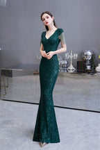 Shining Sequins Emerald Green Mermaid Evening Party Gown with  Tassels Sleeves