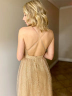 Shiny A Line V Neck Backless Long Prom Formal Graduation Evening Dresses