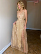 Shiny A Line V Neck Backless Long Prom Formal Graduation Evening Dresses