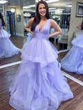 Shiny A-line V Neck Fluffy Tulle Long Prom Formal Evening Dresses