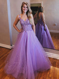 Shiny A-line V Neck Open Back Tulle Lace Long Prom Formal Evening Dresses