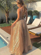 Shiny A-line V Neck Sparkly Backless Long Prom Formal Graduation Evening Dresses