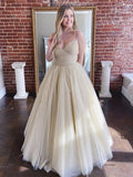 Shiny A-line V Neck Tulle Long Prom Formal Evening Dresses