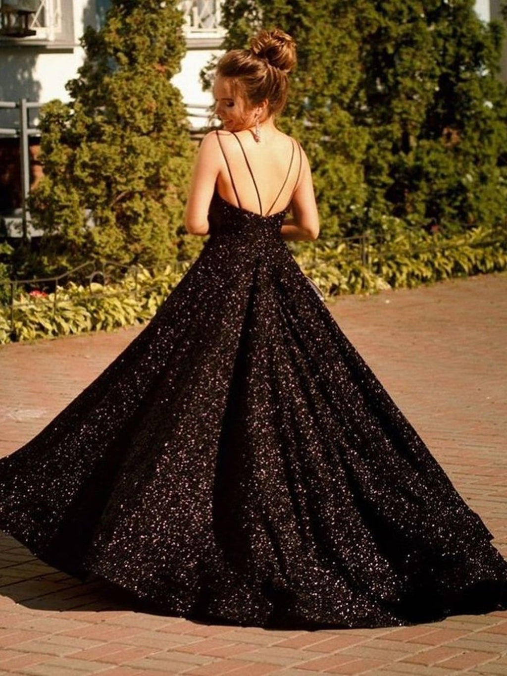 Shiny Black Long A-line V-neck Sequined Backless Formal Prom Dresses