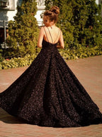 Shiny Black Long A-line V-neck Sequined Backless Formal Prom Dresses