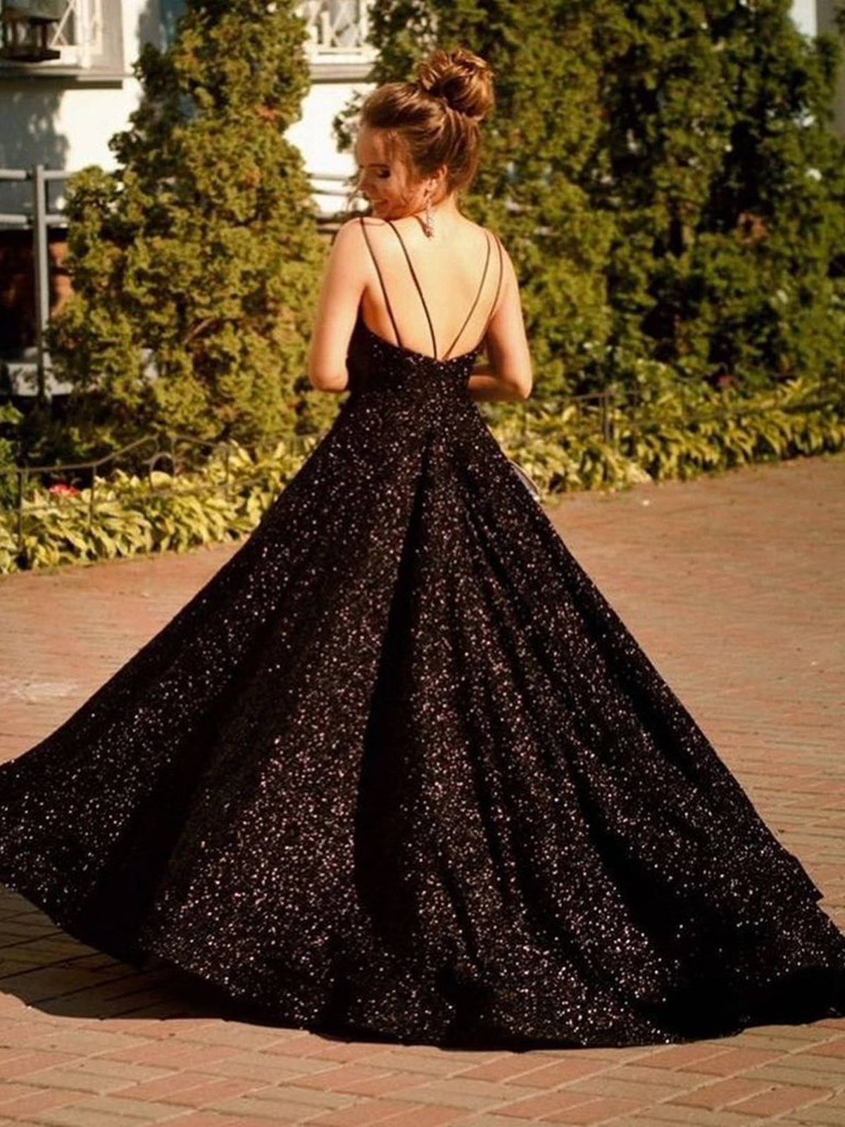 Shiny Black Long A-line V-neck Sequined Backless Formal Prom Dresses