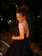 Shiny Black Long A-line V-neck Sequined Backless Formal Prom Dresses