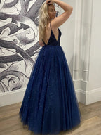 Shiny Dark Navy Long A-line Sweetheart Open Back Formal Prom Dresses