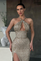 Shiny Halter Slim Prom Dress with Side Split & Sweep Train