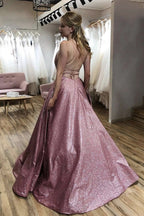 Shiny Long A-line Spaghetti Straps Open Back Formal Evening Dresses