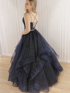 Shiny Long A-line V-neck Tulle Beading Open Back Formal Prom Dresses