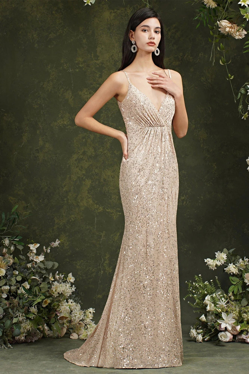 Shiny Sequins Spaghetti Straps V-neck Floor-length Mermaid Bridesmaid/Prom Dress