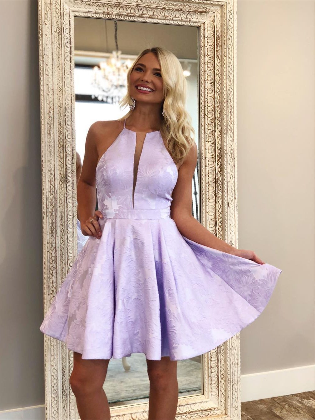 Short A-Line Deep V-Neck Halter Sleeveless Homecoming Dress