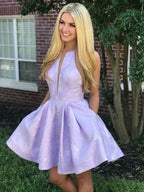 Short A-Line Deep V-Neck Halter Sleeveless Homecoming Dress