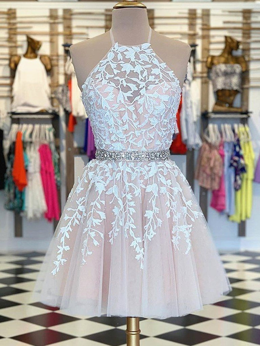 Short A-line Halter Lace Tulle Backless Homecoming Prom Dresses