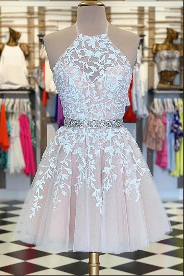 Short A-line Halter Lace Tulle Prom Dress With Beading Sash