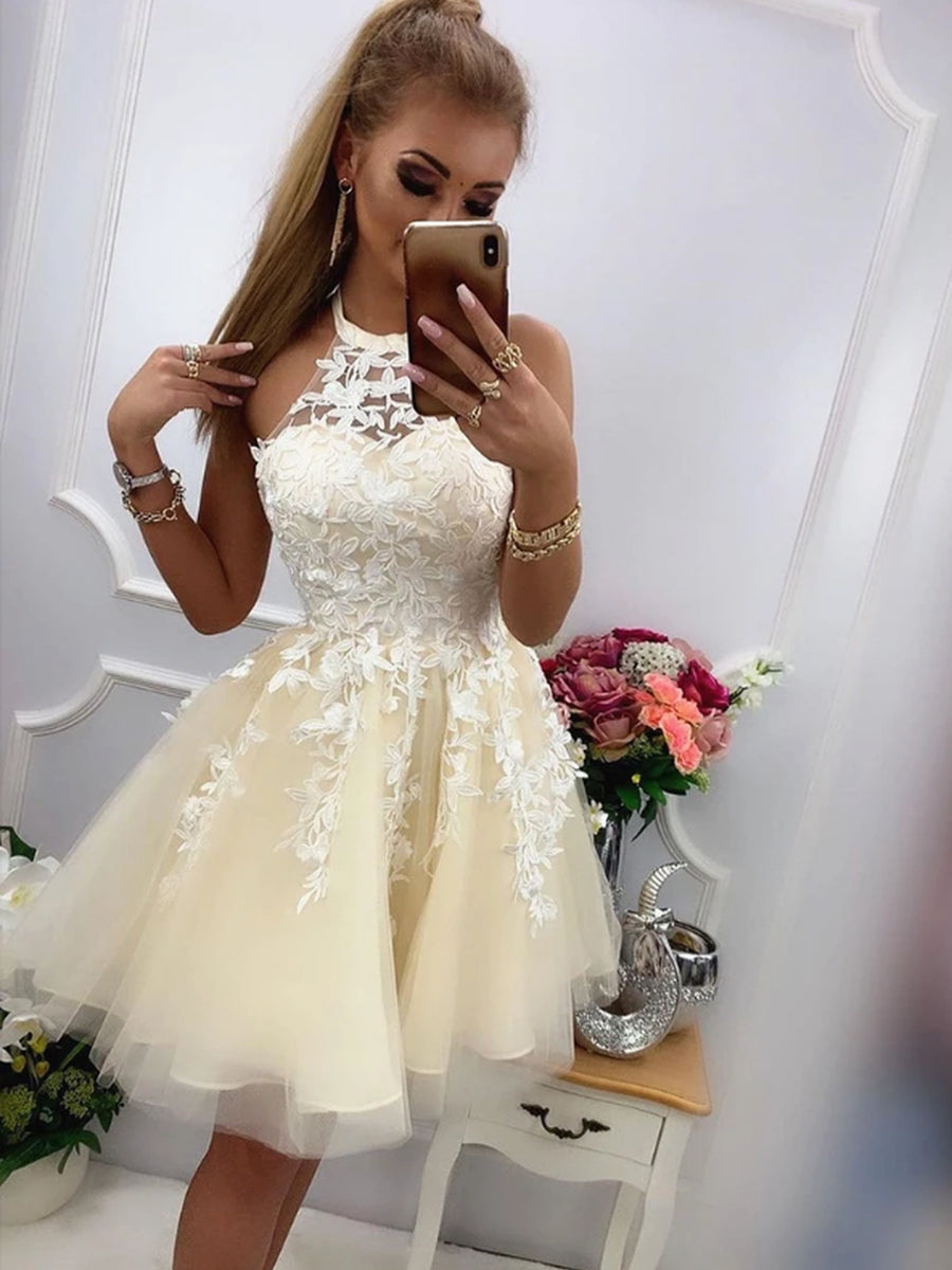 Short A-line Halter Tulle Lace Prom Homecoming Dresses
