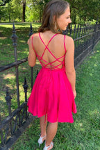 Short A-line Open Back Satin Prom Dresses Fuchsia Homecoming Dresses