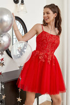 Short A-line Scoop Neck Tulle Lace Backless Prom Dresses, Red Homecoming Dresses