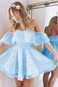 Short A Line Sweetheart Ruffles Shoulder Cute Lace Homecoming Dresses