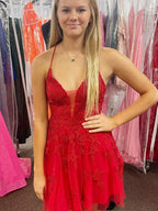 Short A-line V Neck Backless Lace Prom Dresses Red Formal Homecoming Dresses