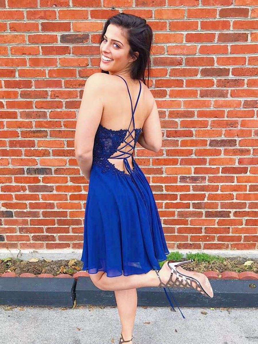 Short A-line V-neck Chiffon Lace Backless Beaded Prom Homecoming Dresses