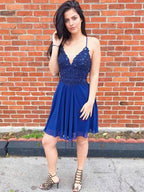 Short A-line V-neck Chiffon Lace Backless Beaded Prom Homecoming Dresses