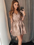 Short A-line V-neck Lace Appliques Prom Homecoming Dresses with Sleeves