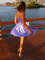 Short A-line V-neck Satin Prom Dress with Pockets Lilac Homecoming Dresses
