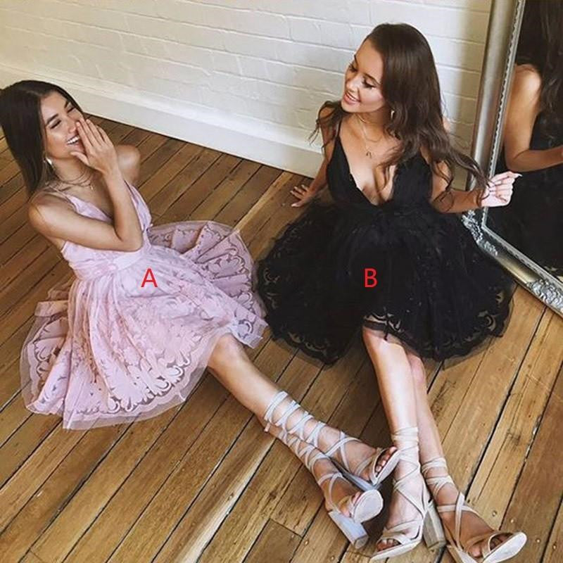 Short A-line V-neck Spaghetti-Straps Appliques Lace Homecoming Dress