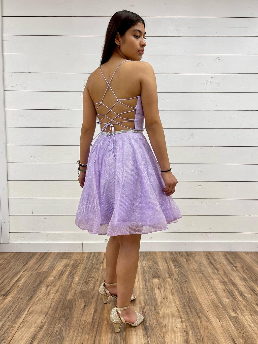 Short A-line V Neck Tulle Backless Prom Dresses Lilac Homecoming Dresses