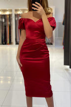 Short Mermaid Off the Shoulder Satin Tea Length Formal Prom Dresses with Sleeves