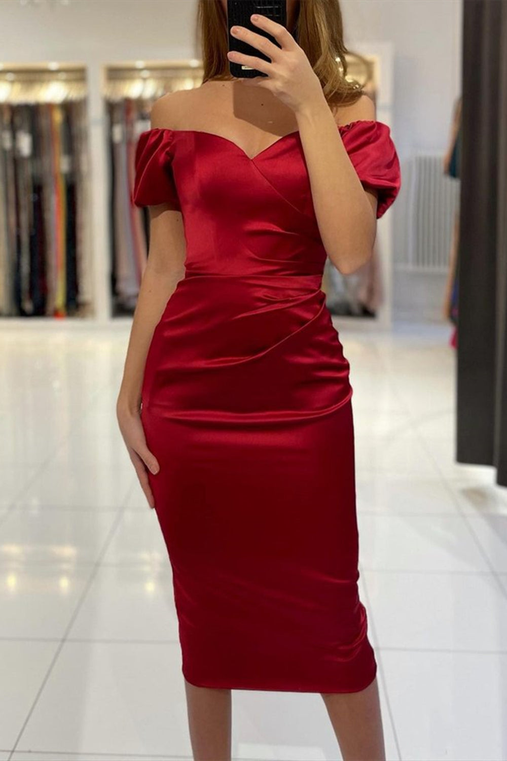Short Mermaid Off the Shoulder Satin Tea Length Formal Prom Dresses with Sleeves