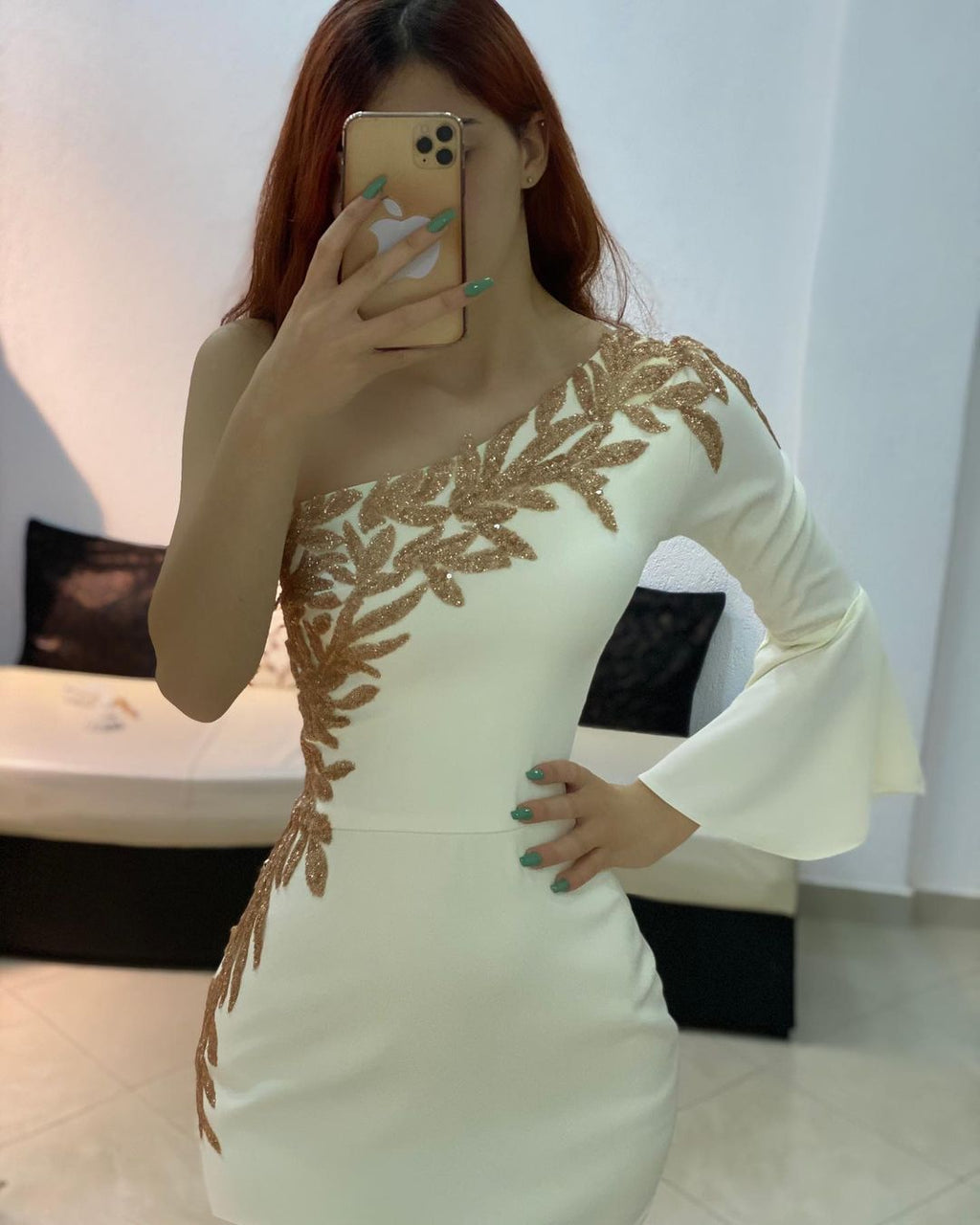 Short Mermaid One Shoulder Satin Formal Dress with Sleeves