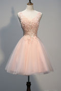 Short Open Back Pearl Pink Homecoming Dresses With Appliques