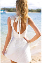 Short Open Back White Stretch Satin Homecoming Dress with Lace