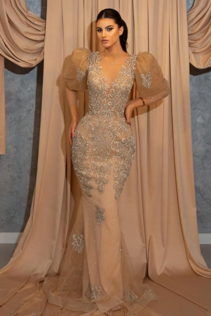 Short Puffy Sleeves V-neck Appliques Lace Floor-length Mermaid Prom Dress