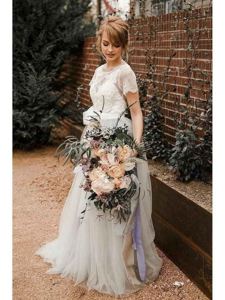 Short Sleeve Lace and Tulle Silver  Wedding Dresses with Sash