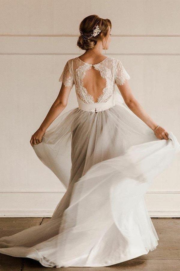 Short Sleeve Lace and Tulle Silver  Wedding Dresses with Sash