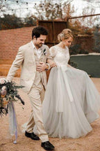 Short Sleeve Lace and Tulle Silver  Wedding Dresses with Sash