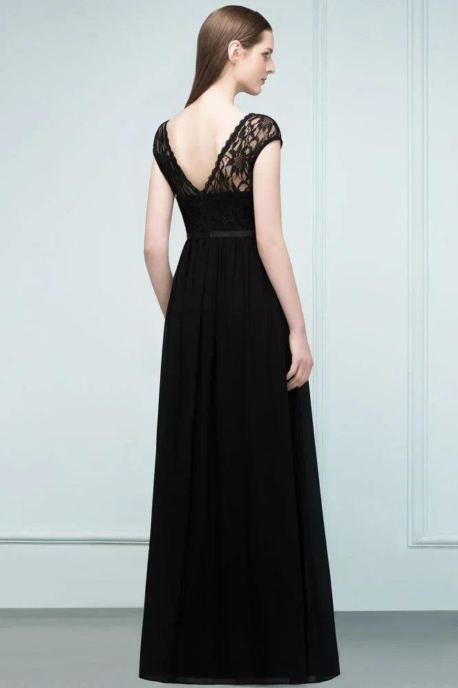 Short Sleeves Lace A-line Floor Length Bridesmaid Dresses with Sash