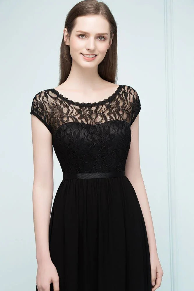 Short Sleeves Lace A-line Floor Length Bridesmaid Dresses with Sash
