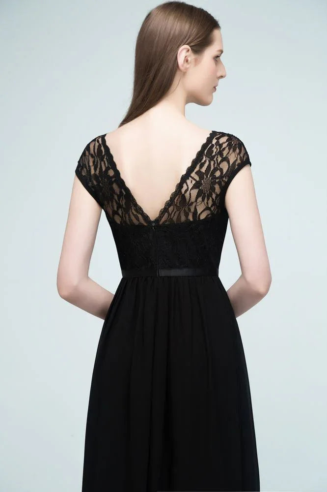 Short Sleeves Lace A-line Floor Length Bridesmaid Dresses with Sash