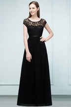 Short Sleeves Lace A-line Floor Length Bridesmaid Dresses with Sash