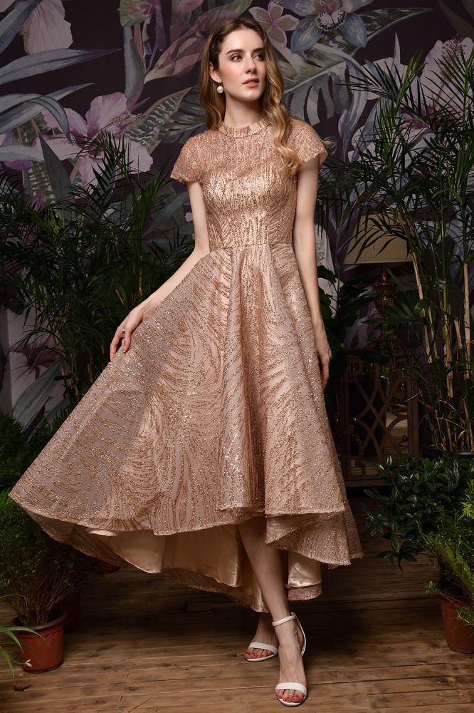 Short Sleeves Sequins Beading Hi-Lo Cocktail Dress