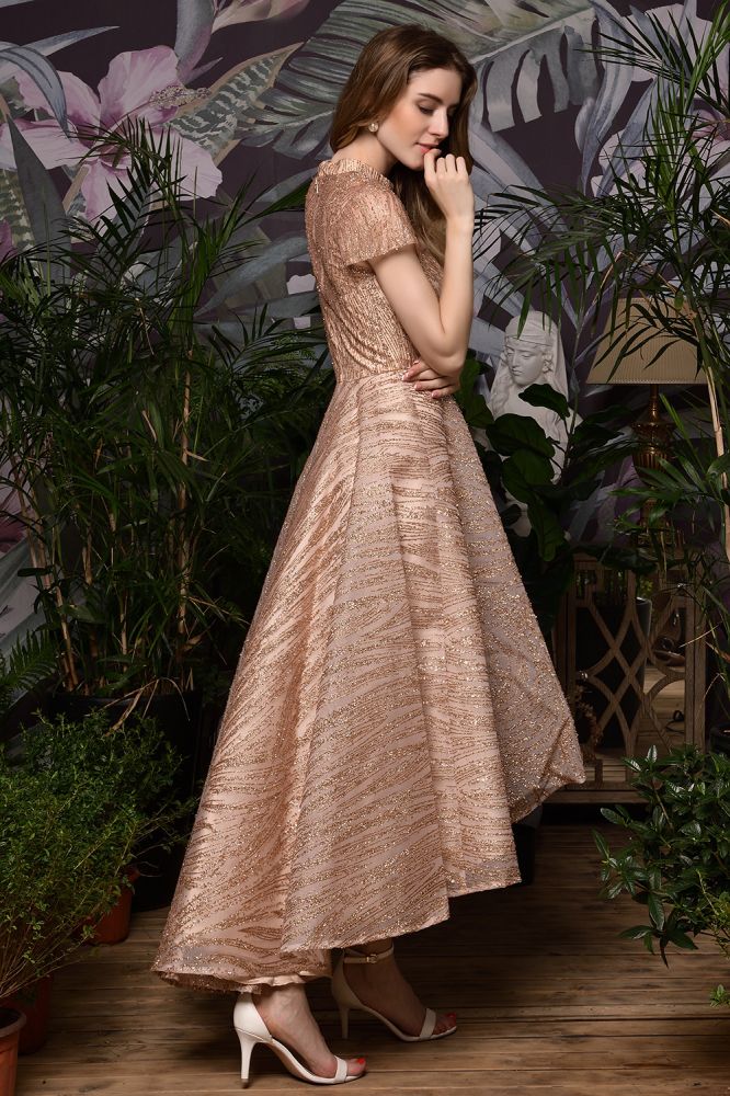 Short Sleeves Sequins Beading Hi-Lo Cocktail Dress