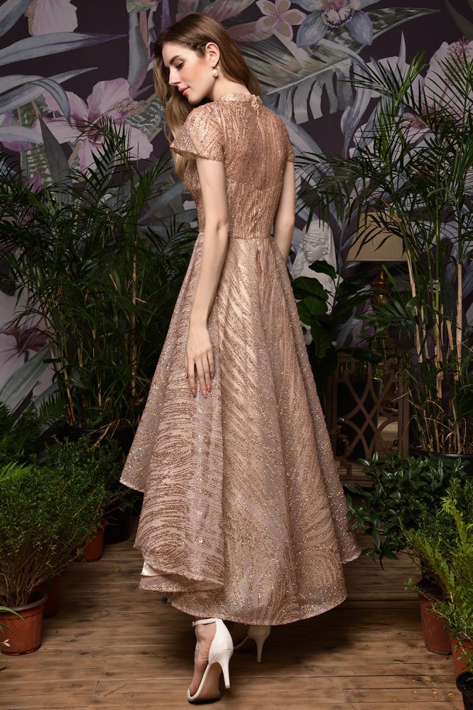 Short Sleeves Sequins Beading Hi-Lo Cocktail Dress