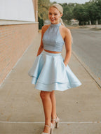 Short Two Piece A-line High Neck Satin Backless Prom Homecoming Dress with Pockets