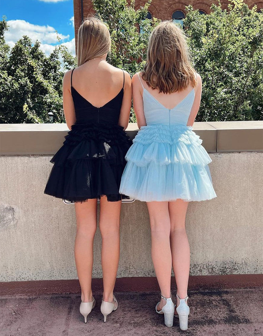 A-Line Deep V Neck Tiered Homecoming Dress