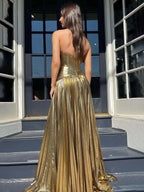 Sileas | Turquoise Sweetheart Metallic Pleated Long Formal Dress With Slit